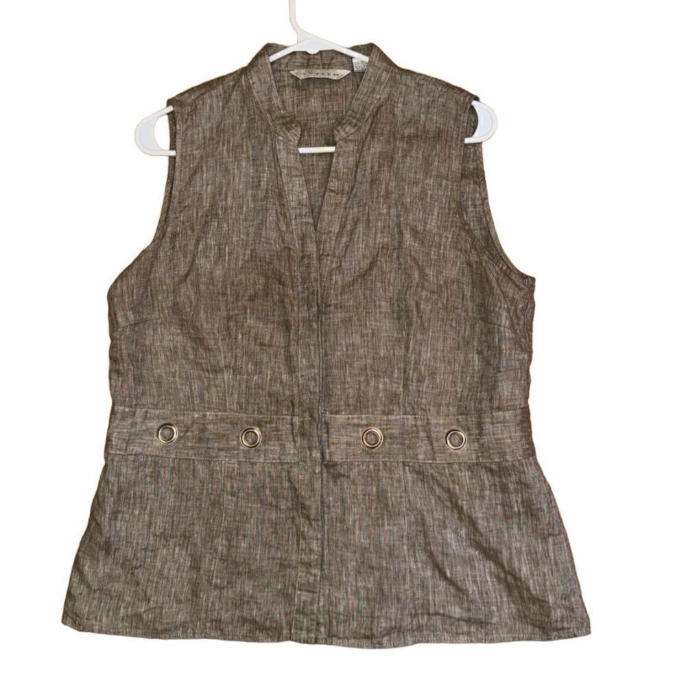 Tweeds Tan Neutral 100% Linen Sleeveless Button Down Top- Size Large